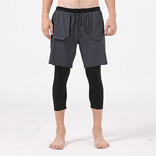 Baugger Calças de corrida masculinas 2 em 1 com bolsos calça esporte de forro estreito cortada para