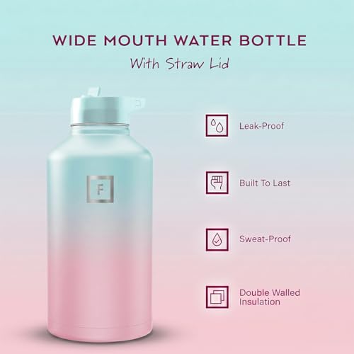 Image of IRON FLASK 64 oz Wide Mouth Water Bottle with Straw | Insulated Half Gallon Water Bottle with Leakproof Straw Lid - BPA Free, Cold 24 Hrs, Sweat Free (Bubble Gum)
