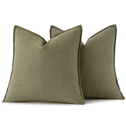 Image of MIULEE Decorative Linen Pillow Covers 16x16 Inch Light Olive Green Boho Farmhouse Neutral Couch Throw Pillows for Bed Pack of 2 Accent Modern Pillowcase Summer Sofa Livingroom Home Decor