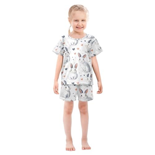ALAZA Rabbit Bunny Love Cartoon Pajamas Set Short Sleeve Cotton Sleepwear Summer Pjs 2 Piece 5-14Y3
