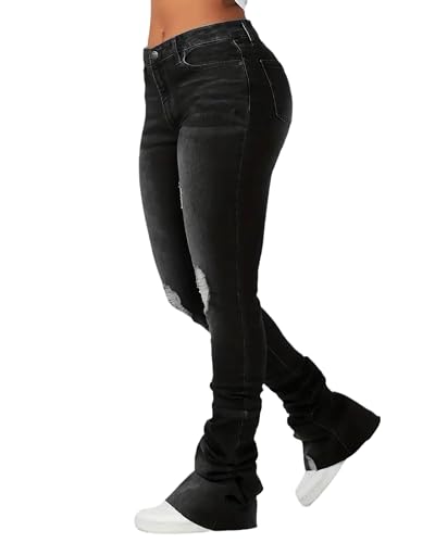Conshvi Womens Stacked Jeans High Waisted Ripped Stretchy Flare Skinny Denim Pants Trousers2