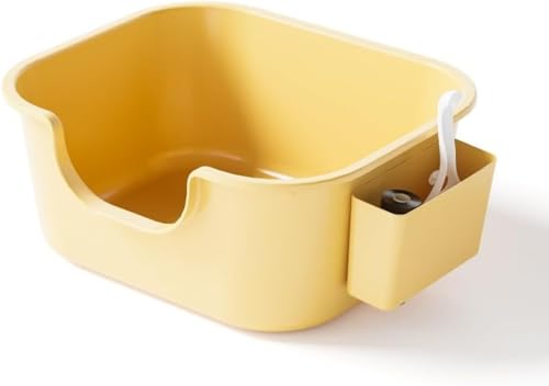 MLTUN MAKAN 大型の持ち出し防止半密閉式巨大猫用トイレ、スコップ付き、低い入り口、溢れ防止、オールインワンポータブルトイレボックス、お手入れ簡単、深型、子猫に最適、あらゆる種類の猫砂、ペット用品に最適 (クリームイエロー + 収納ボックス)