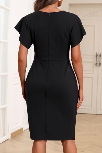 Image of Pinup Fashion Plus Cocktail Wedding Guest Church Work Bodycon Knee Dress | Knit fabric, v-neck, short ruffle sleeves, ruched design, pencil silhouette, knee length, wedding guest, church, cocktail