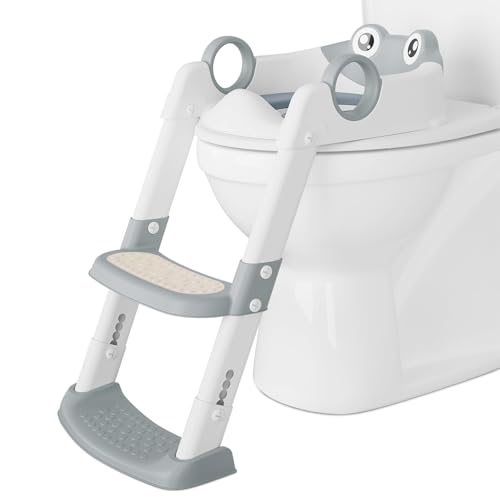 Potty Training Seat with Adjustable Height Step Stool Ladder – Anti-Slip Pads for Safety – Toddler Toilet Trainer for Boys & Girls – Durable Gray Design with Stable Support for Easy Potty Training