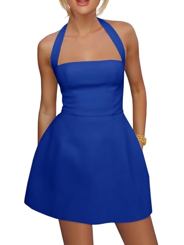Image of Yousify Womens Sexy Halter Mini Dress Summer Backless Square Neck A Line Flared Club Party Dresses