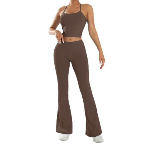 Image of Roman Vinessan Womens Two Piece Workout Sets Wrap Halter Tank Top Matching High Waist Flared Leggings for Yoga Pilates (Coffee brown 1,Large)