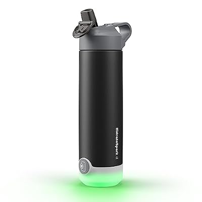 Hidrate Spark TAP Smart Water Bottle – Insulated Stainless Steel – Tap Phone to Track Water Intake, LED Glow Reminder When You Need to Drink – Straw Lid, 20 oz, Black