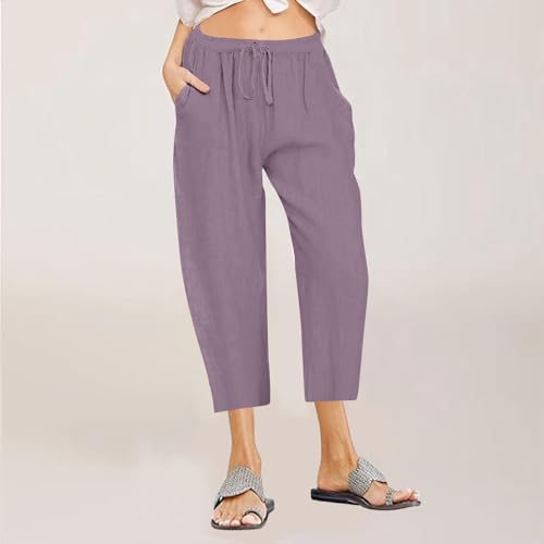 hlysgo Capri Pants for Women 2025 Summer Cotton Linen Casual Pants Plus Size Drawstring High Waist Beach Capris with Pockets2