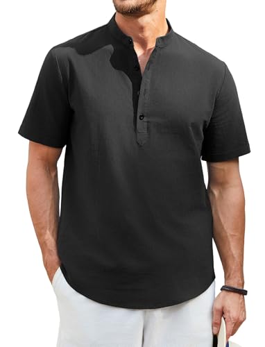 Enlision Camisa Negro Lino Hombre Verano Manga Corta Camisa Verano Hombres Cuello Mao Casual Playa Camisetas con Botónes Henley 2XL