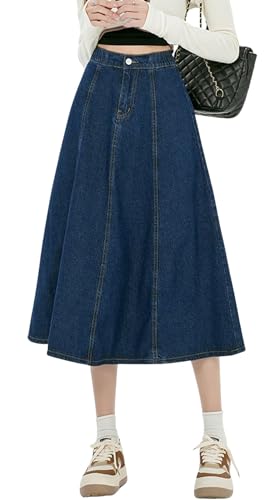 chouyatou Women's High Elastic Waist Spring Midi Denim Skirt Casual A-Line Pleated Umbrella Jean Skirt