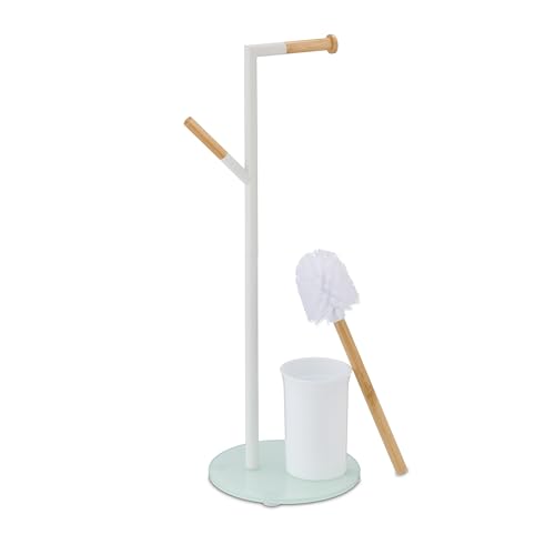 Image of Relaxdays WC Set, HxWxD: 64 x 27 x 22 cm, Free-Standing Roll & Brush Holder, Replacement Heads, Stainless Steel, White