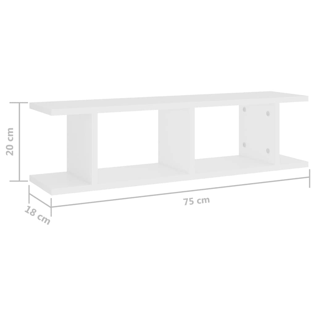 Regał ścienny, 2 szt., biały, 75 x 18 x 20 cm, regał na kostki z niewidocznym systemem montażowym do salonu, sypialni, solidny regał do przechowywania, element dekoracyjny