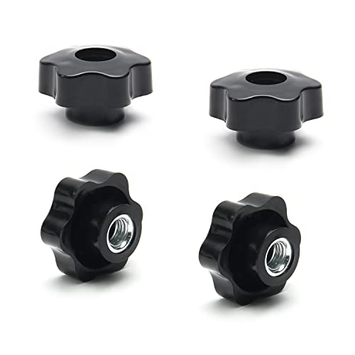 MroMax Star Head Through Hole Knob-M12x 48mm Female Threaded Black Plastic Screw-On for Mechanical Equipment 4Pcs