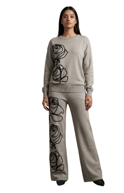 Artistic Rose Embroidery Knit Co-ord Set (IN, Alpha, L, Regular, Grey)-image-26