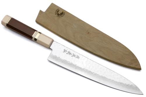 Yoshihiro VG10 46 Layers Hammered Damascus Gyuto Japanese Chefs Knife Octagonal Rosewood Triple Ring Handle (8.25" (210mm)