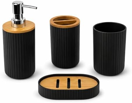 Kit Banheiro 4 Peças Bambu Preto com Dispenser Sabonete Líquido, ...