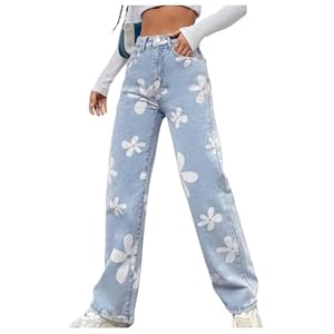 Women's Flower Printed High Waist Wide Straight Leg Jeans