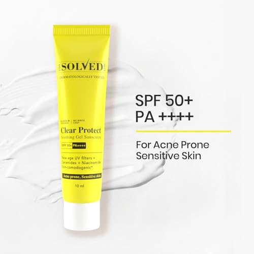 Image of The Solved Skin Clear Protect Sunscreen SPF 50+ PA++++ | Oil-Free Fluid Gel Sunblock | Lightweight Quick Absorbing | Zero White Cast | New Gen UV Filters | For Acne Prone & Sensitive Skin (10ml)
