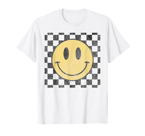 Retro Happy Face Checkered Pattern Smile Face Trendy T-Shirt
