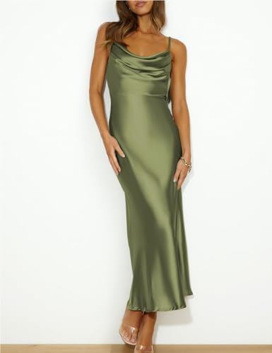 Summer Satin Spaghetti Strap Cowl Neck Backless Midi Dresses for Women Elegant Tie Low Back Ruched Cocktail Dress4