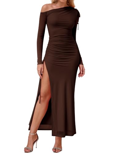 KUTUMAI One Shoulder Long Sleeve Maxi Dress Split Bodycon Ruched Formal Wedding Guest Dresses for Women Fall 2025