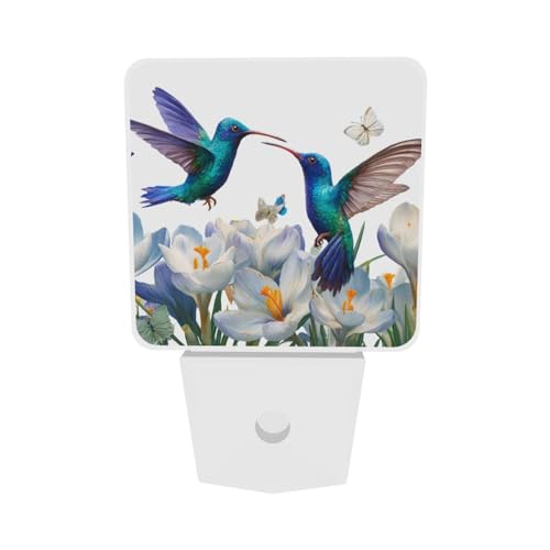Image of Blue Hummingbirds Night Light Set of 2, White Flowers Auto Sensor LED Dusk-to-Dawn Nightlights, Plug-in Sensor Lamp for Bedroom Bathroom Kitchen Hallway Stairs Decorative