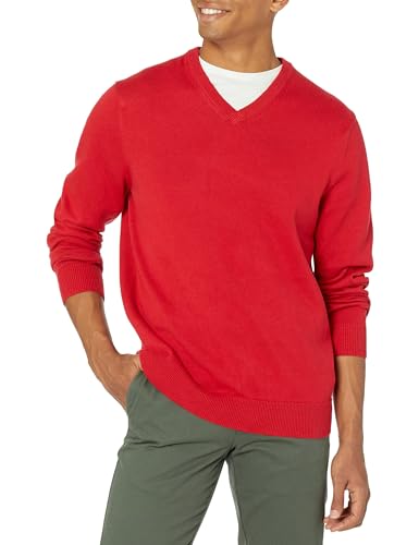 Amazon Essentials Herren V-Ausschnitt Pullover aus Baumwolle Normale Passform Rot L