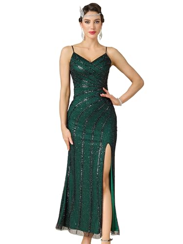 RRYIO Women Vintage Flapper Dresses 1920s Great Gatsby Cami Maxi Dress High Split Formal Dress (US, Alpha, Medium, Regular, Regular, Black-Green)