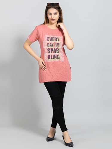 Image of Magknit Fancy Printed Both Side Cut Cotton Blend Half Sleeves and Lightwiegt Trendy Summer Long T Shirt for Women