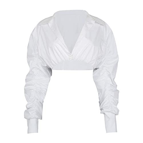 Azhong Women's Collared Puff Long Sleeve Deep V Neck Button Crop Top Blouse Shirt4