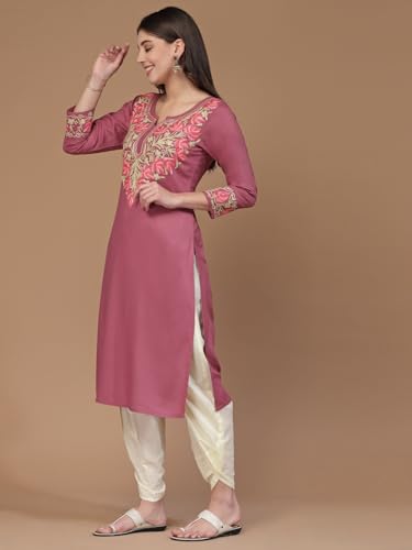 Image of QAZMI Women's Noura Kashmiri Aari Embroidered Viscose Rayon 3 /4 Cuff Sleeves A-Line Kurta