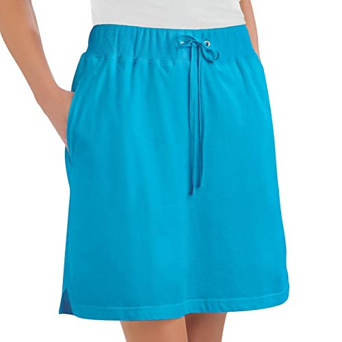 Collections Etc Women's Drawstring Cotton Knit Pull-On Skort with Elastic Waistband - Casual Summer Apparel, Turquoise, Large