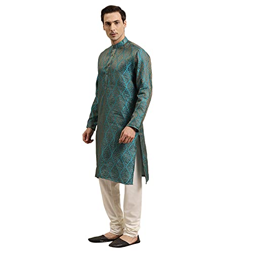 Image of Sojanya (Since 1958 Men'S Cotton Linen Blue Foil Printed Only Long Kurta
