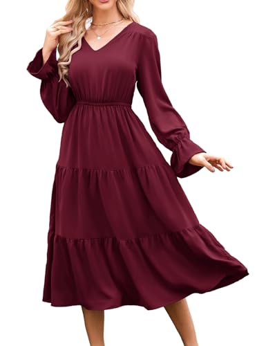 GRACE KARIN Long Sleeve Maxi Dress for Women Formal Wedding Guest Party Dress V Neck Flutter High Waist Ruffle Tiered Dress Burgundy L