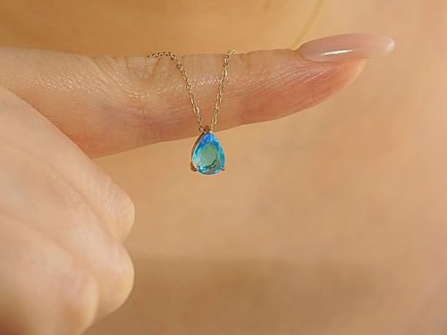 QueenBee Blue Topaz Teardrop Gemstone Pendant Necklace, Dainty December Birthstone Necklace 14K Gold Plated Chain, Gold Topaz Jewelry Birthday Holiday Jewelry Gift for Her (Dec - Blue Topaz) by QueenBee - Used condition - Image 2