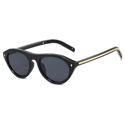 LJCZKA Retro Ovale Sonnenbrille für Damen Herren Kleine Ovale Sonnenbrille Vintage 90er Oval Katzenaugen Rund Schmal Rahmen Brille Mode mit UV Schutz (Schwarz Schwarz)