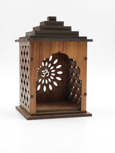 Image of Handcrafted Wooden Car Dashboard Temple, Walnut Finish, Laser-Cut Om Floral Design, MDF Mandir for Car Interior