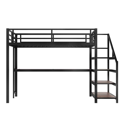 Image of Bellemave Full loft Bed with Storage Stairs, Shelves, Metal Full Loft Beds with LED Lights, USB Ports, Multifunctional Iron Nets for Adults, Kids, Teens, Black