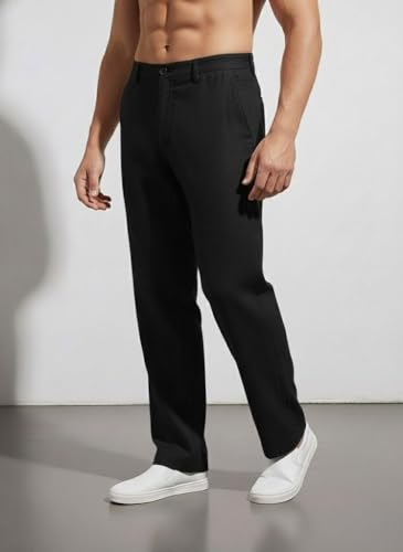 Image of Linen Pants for man | Lower for man | Chinos for Casual Wear |Straight fit Trouser for Men | Elastic Waist Brethable Summer Pants for Regular, Office Wear
