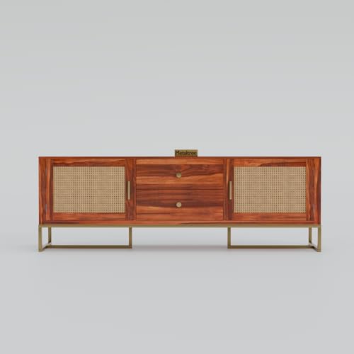 Image of Sheesham Wooden TV Cabinet for Living Room 65+ inch - TV Table for Living Room Entertainment Unit - Solid Wood TV Unit for Livingroom 65 Inch with 2 Drawers & 4 Shelves