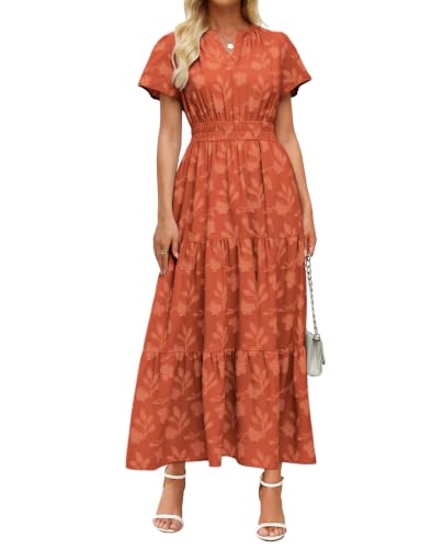 Image of Women's Maxi Dresses Boho Burnout V Neck Short Puff Sleeve Smocked Empire Waist Long Wedding Guest Semi Formal Dress Pockets