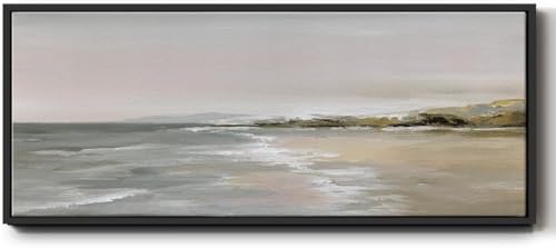 Renditions Gallery Abstract Coastal Artwork A Scenic Morning in the Beach Floater Framed Canvas Wall Art for Resturant Office Farmhouse - 20"X50" BLACK Frame GAL032