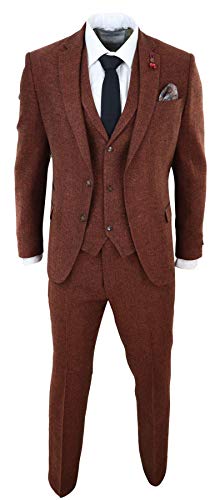Costume Homme 3 Pièces en Tweed à Chevrons en Laine Mélangée Style Vintage Rétro du Gentleman Britannique - Marron 48