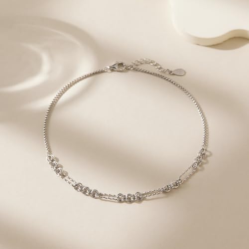 Image of CHIC & ARTSY 925 Sterling Silver Ankle Bracelets for Women, Adjustable Double Layer Chain Anklets, Minimalist Lightweight Foot Jewelry for Beach & Everyday Wear
