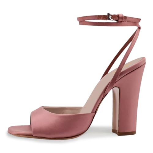 FOWT Women Open Square Toe Satin Sandals Ankle Strap Chunky High Heels Graceful Evening Party Dressy Shoes Size 4-16 US2