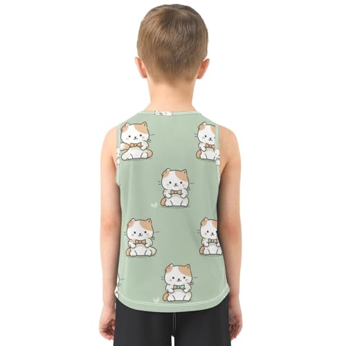 Bolaz Boys Athletic Quick Dry Tank Top Sleeveless Workout T Shirts Age 11-15,Funny Cat on Green3