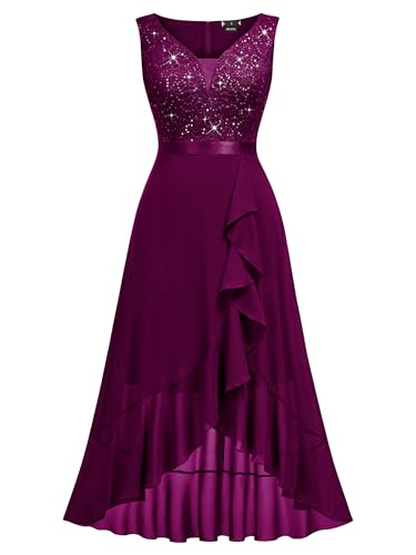 Image of Miusol Women's Vintage V-Neck Sleeveless Sequined Floral Lace Ruffle Split Evening Party Dress | Deep V-neck, sleeveless, sequin lace, ruffle design dress, suit for cocktail party, wedding and banquet