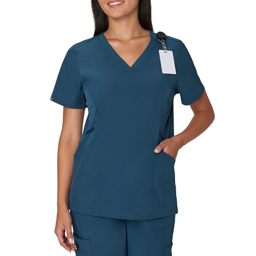 Hanes Camiseta Sanitaria para Mujer, Camisas quirúrgicas elásticas Que absorben la Humedad, Paneles Laterales Acanalados, Azul Caribe, XS