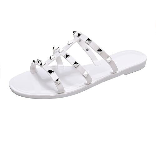 Image of Women Flats Sandals, Studded Jelly Shoes Size 9 Red Dressy Summer Beach Rivets Strappy Jellies Slide Slip On Open Toes