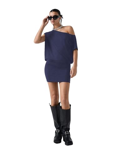 Image of SOLY HUX Women's Off The Shoulder Mini Dress Going Out Asymmetrical Neck Short Sleeve Casual Bodycon T Shirt Dresses